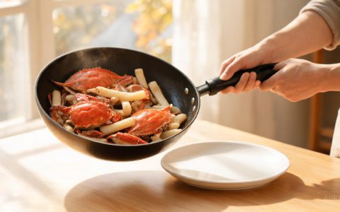 梭子蟹炒年糕：先煎后焖2分钟，年糕才入味！
